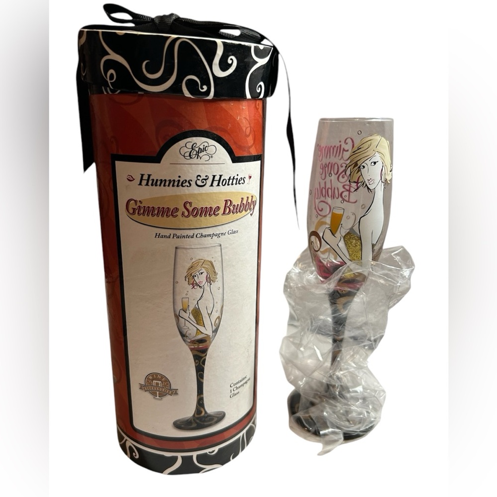NWOT - “Gimme Some Bubbly”‎ - Hunnies & Hotties Hand Painted Champagne Glass